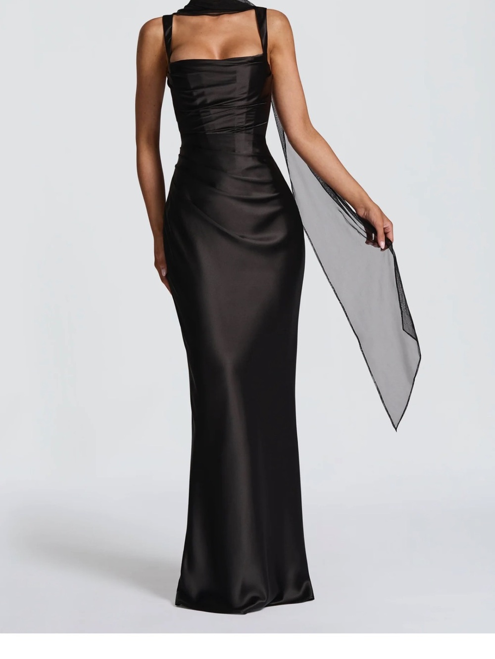 Black Satin Square-Neck Maxi Dress with Sheer Scarf